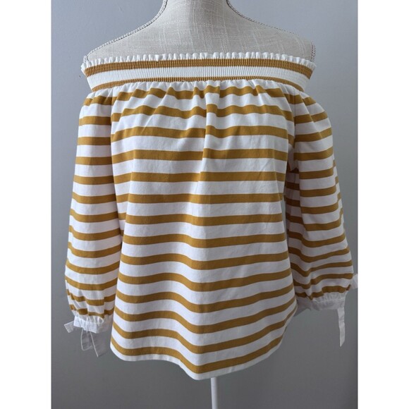 J.CREW Women’s Yellow And White Striped Off The Shoulder‎ Top Size M Preppy - Picture 1 of 8